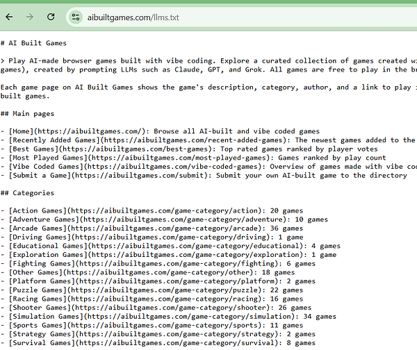 Screenshot of a text file hosted on aibuiltgames.com providing an overview and links to AI-built browser games.