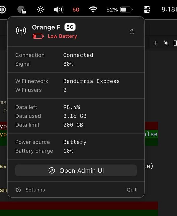 Interface of a NETGEAR 5G hotspot management app displaying data usage, battery status, and device controls.