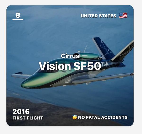 The image shows a Cirrus Vision Jet SF50 private jet in flight against a blue sky.