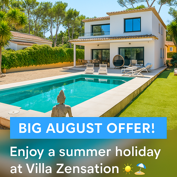A modern villa with a swimming pool and outdoor seating area, promoting a summer holiday offer.