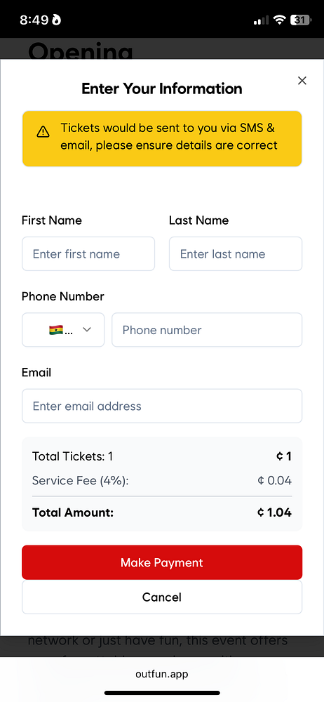 The image displays a ticket purchase interface for an event on the OutFun platform.