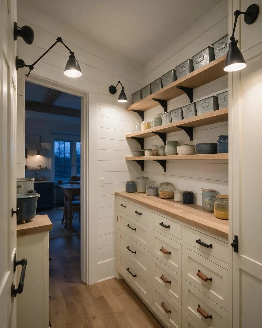 A narrow farmhouse-style closet with white shiplap walls, light wood shelving, and cream built-in drawers topped with a butcher-block counter. Black adjustable sconces illuminate rows of gray storage bins and ceramic jars, while the warm wood floor and dark hardware add contrast.