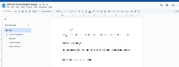 A screenshot of a document titled '2025-HK-Travel-thoughts-dumps' with various notes and thoughts from a recent trip to Hong Kong.