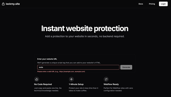 The image displays a website interface for 'lockmy.site' focused on providing instant website protection.