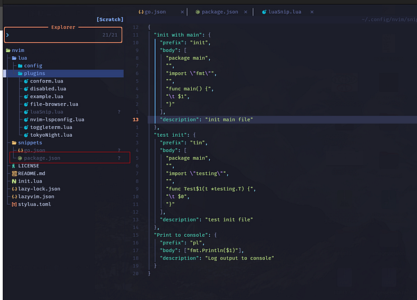 The image displays a code editor interface showing a project structure with Lua and JSON files.