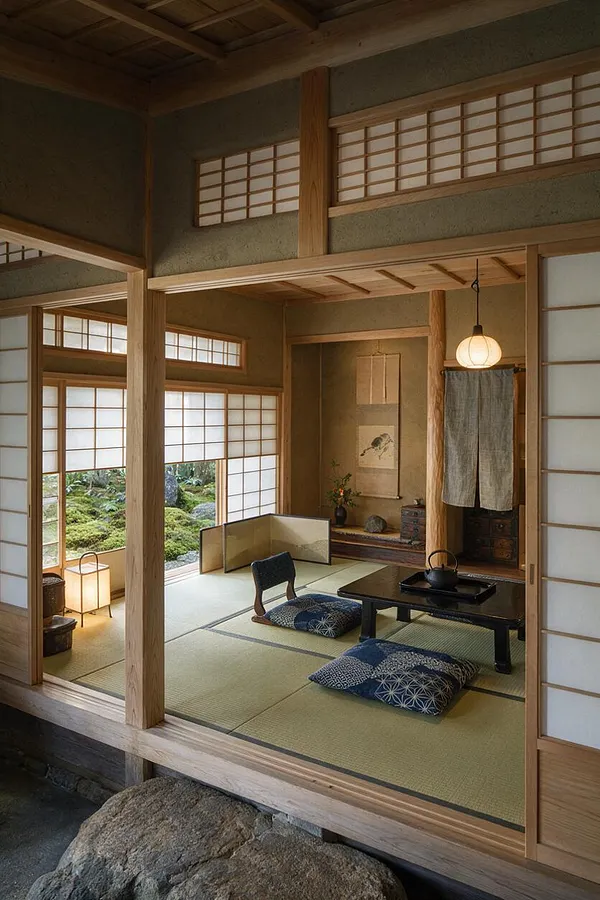A serene Japanese-style guest bedroom with tatami mat flooring, low black tea table, blue floor cushions, and shoji paper screens framed in light wood. A hanging paper lantern, linen curtain, and alcove display with calligraphy and ceramics add to the calm, minimalist atmosphere.
