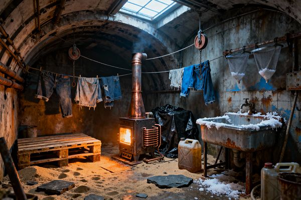 An arched concrete bunker repurposed as a laundry, with a wood‑burning stove glowing beside a rusted galvanized sink rimmed with white suds. Denim jeans and cutoffs hang from a rope stretched between pulley hoists beneath a skylight, while sand covers the floor near a rough pallet, plastic jerry cans, exposed pipes, and a black tarp, all lit by cool daylight mixed with warm firelight.