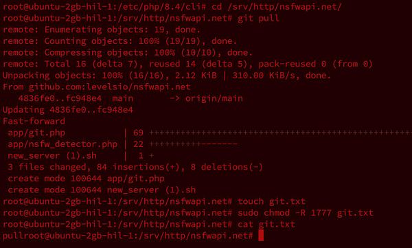 A terminal interface displaying the output of a Git pull command for a project hosted on GitHub.