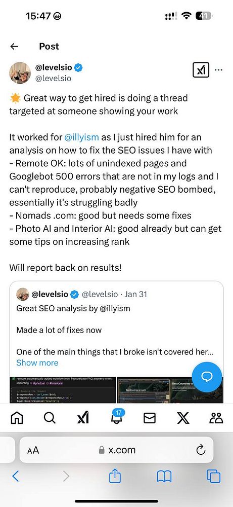 A social media post discussing SEO issues and hiring an expert for analysis.