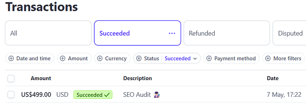 A transaction record showing a successful sale of an SEO audit for $499.