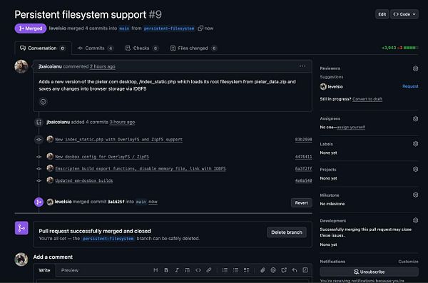 The image displays a GitHub pull request interface related to persistent filesystem support for pieter.com.