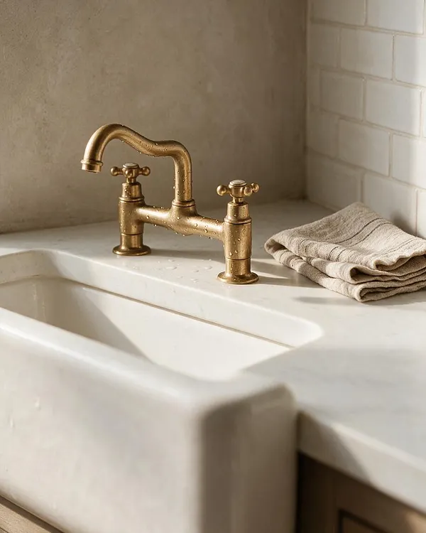 A farmhouse bathroom or laundry sink detail featuring a white apron-front basin, a warm brass bridge faucet with cross handles, and a folded neutral linen towel on a pale stone countertop. White subway tile and a textured beige wall create a soft, rustic backdrop.