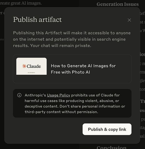 The image displays a dialog box for publishing an artifact related to generating AI images.