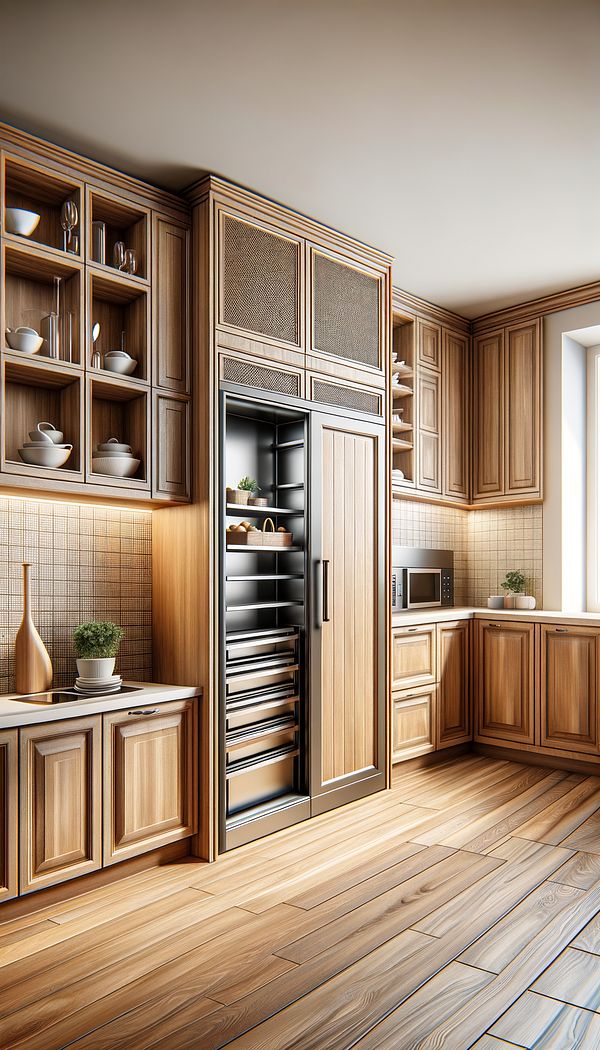 A modern kitchen with a discreetly integrated dumb waiter, its door blending with the wooden cabinetry.