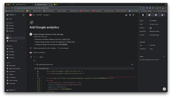 The image displays a code review interface for adding Google Analytics to a web application.