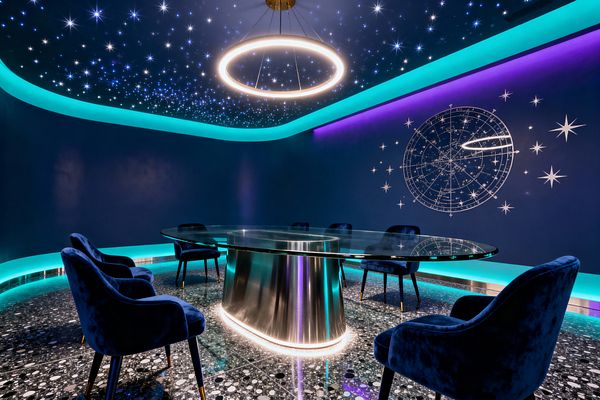 A futuristic dining room features an oval glass table on a polished metal base, surrounded by deep blue velvet chairs atop a speckled black terrazzo floor. The midnight blue space has a fiber‑optic star ceiling, a glowing ring chandelier, teal and purple cove lighting, and a large constellation mural, creating an immersive, cosmic atmosphere.