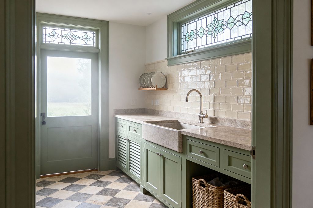 A traditional laundry room features sage green shaker cabinets with a louvered door, a thick beige stone apron-front sink with matching countertop, and a glossy cream subway tile backsplash. Light filters through a leaded stained-glass transom and a matching green door, while a charcoal-and-ivory checkerboard stone floor, polished nickel knobs, a small wooden plate rack, and woven baskets complete the bright, orderly workspace.