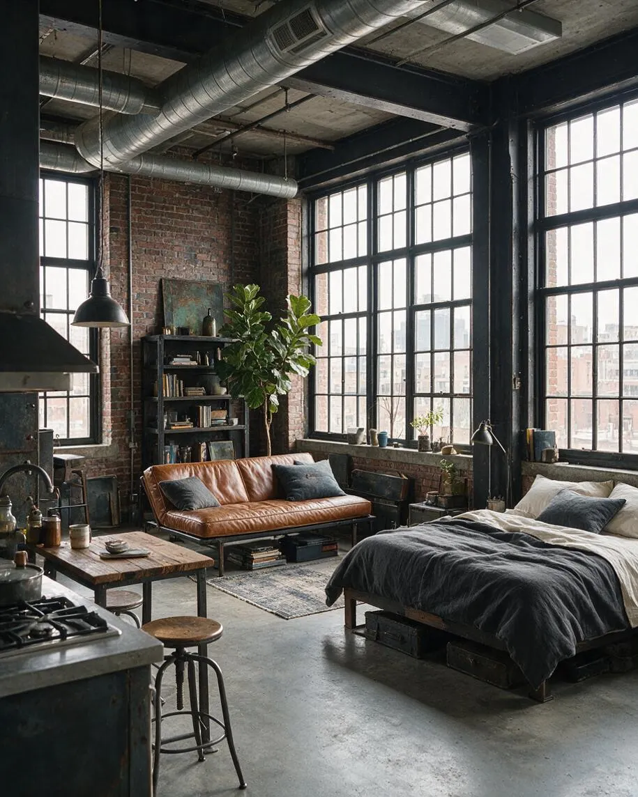 A moody industrial studio apartment with large black-framed factory windows, exposed brick walls, and visible metal ductwork overhead. The space includes a tan leather sofa, a low bed with dark bedding, black shelving, a rustic wood table, and potted greenery, all set on a polished concrete floor.