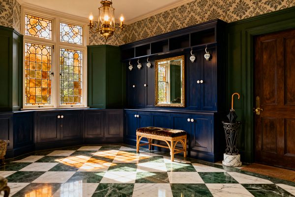 Victorian-style mudroom featuring deep navy built-in cabinets along one wall and curved base cabinetry beneath two stained-glass windows. Forest green wall paneling and a damask wallpaper frieze frame a brass lantern chandelier and a gilded mirror above porcelain coat hooks. A checkerboard marble floor in large green and white diamonds reflects the light. A rattan bench with a velvet cushion sits below the mirror beside a wrought-iron umbrella stand and a dark wood door.
