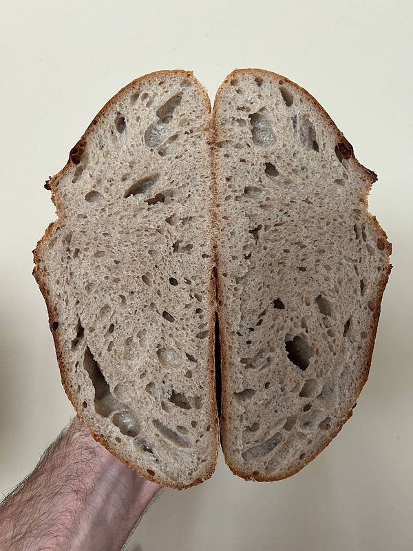 A hand holds a freshly baked loaf of bread, cut in half to reveal its interior texture.