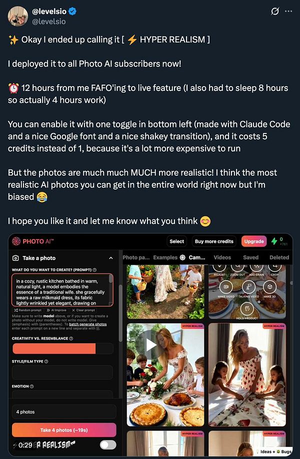 The image displays a user interface for a photo generation tool called 'Photo AI' featuring a new 'Hyper Realism' model.