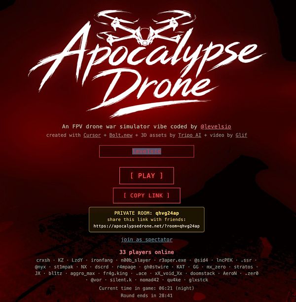 Screenshot of the Apocalypsedrone web game featuring the main menu with options to Create Room and Join Room for multiplayer gameplay.