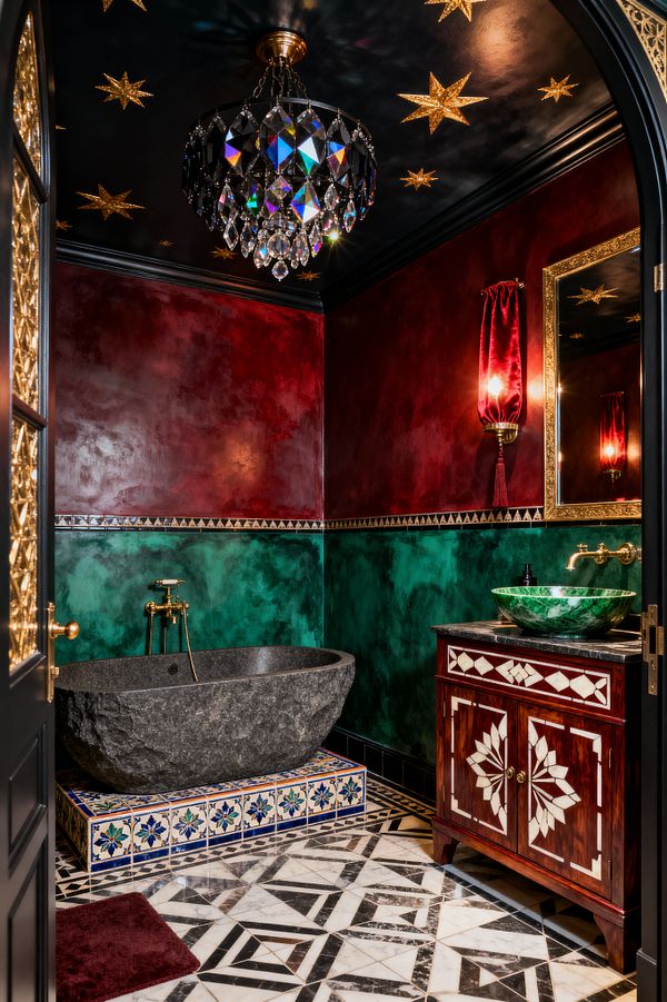 A richly decorated bathroom features oxblood and emerald high-gloss plaster walls divided by a geometric border. A dark carved stone bathtub rests on a platform of blue-and-white patterned tiles, beside an inlaid vanity with a green marble vessel sink and brass wall-mounted taps. The black lacquered ceiling is dotted with gold star motifs and a faceted crystal chandelier, with black-and-white geometric marble flooring and red velvet sconces adding warm light.