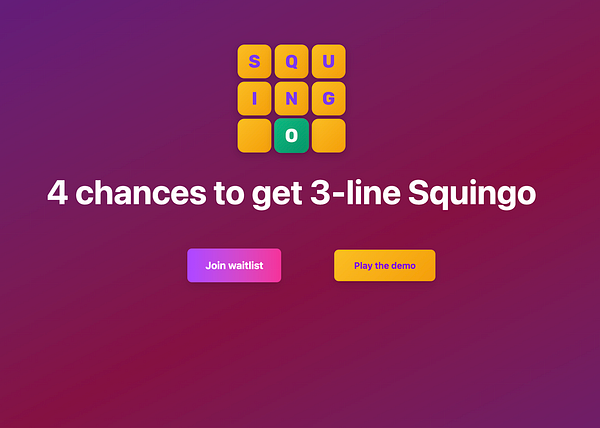 The image features a simplified landing page for a game called 'Squingo'.