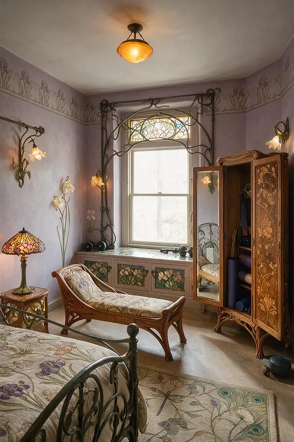 An Art Nouveau home gym and bedroom-like retreat with lavender walls, floral murals, and an ornate wrought-iron window frame. The room includes a carved chaise lounge, decorative wooden armoire, stained-glass lamp, and soft natural light from the central window.