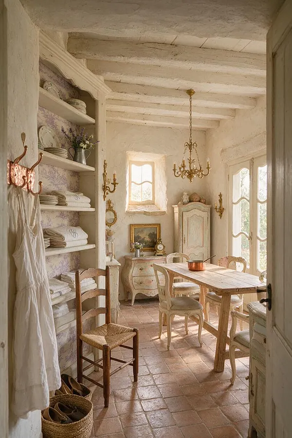 A French Country style closet room with plaster walls, exposed white ceiling beams, terracotta tile flooring, and a soft cream and lavender palette. Open shelving holds folded linens and dishes, while a rustic wooden table, painted chairs, antique cabinet, and gold chandeliers create a charming, lived-in atmosphere.