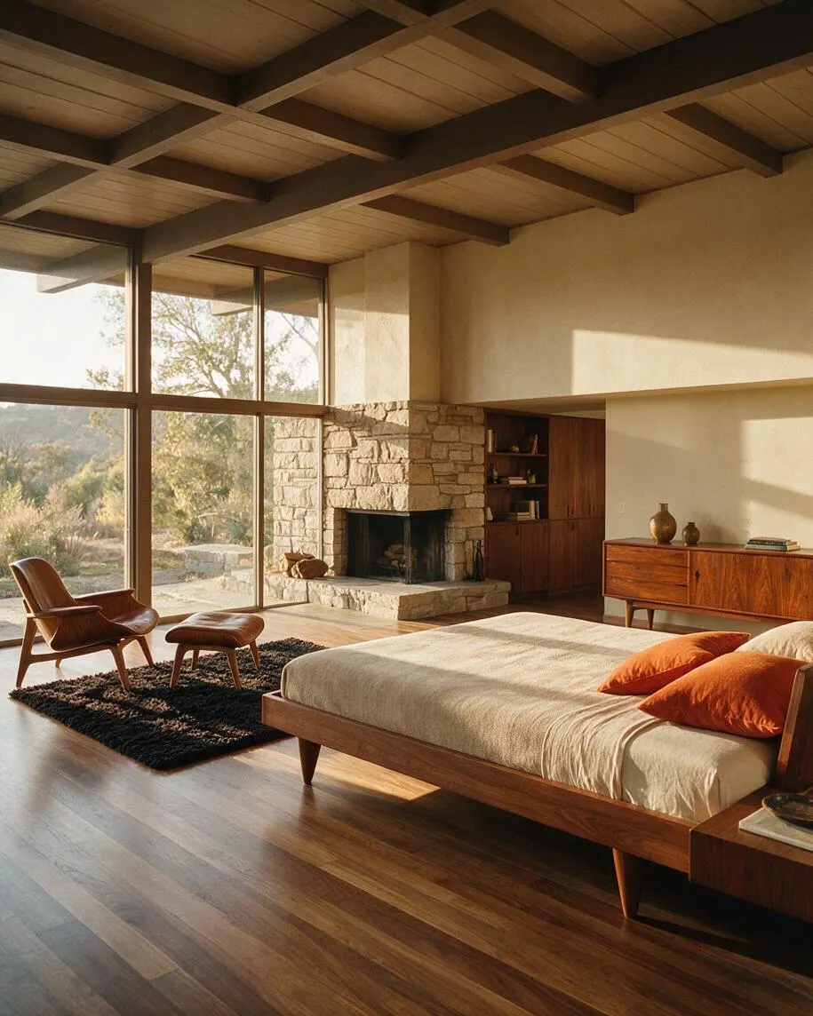 A spacious mid-century modern master bedroom with a low wooden platform bed dressed in light bedding and orange accent pillows. The room features floor-to-ceiling windows, a stone fireplace, exposed dark ceiling beams, a walnut dresser, and a leather lounge chair with ottoman on a black rug.