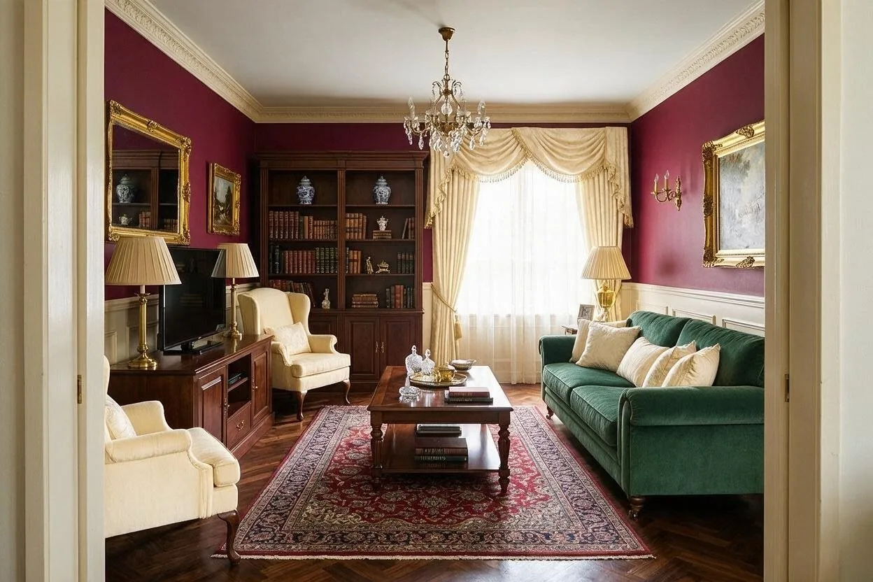 The same Traditional living room in the Burgundy Library palette: burgundy, forest green, dark walnut, cream, and antique gold