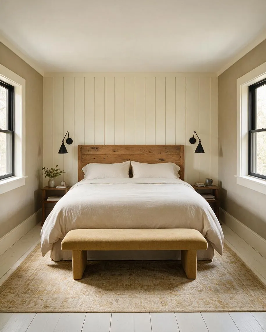 A cozy farmhouse guest bedroom with a rustic wood bed frame, white bedding, and vertical shiplap accent wall. Black wall sconces flank the bed, and matching wood nightstands sit beside two black-framed windows, with a upholstered bench and muted area rug completing the calm neutral space.
