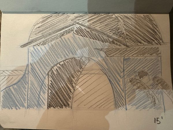 A sketch depicting an architectural structure with varying tones.