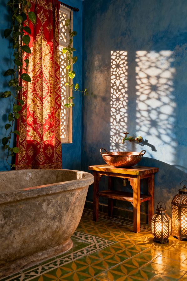 Bohemian bathroom with deep blue plaster walls and a gray stone freestanding tub on green-and-yellow patterned cement tiles. A carved lattice window with a red-and-gold curtain is draped with trailing vines, casting geometric shadows in warm sunlight. A hammered copper bowl sink sits on a rustic wooden table beneath an aged brass wall faucet, with two glowing Moroccan-style metal lanterns placed on the floor.