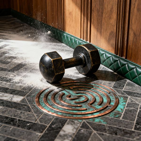 Close-up of a Gothic-inspired home gym corner featuring an antiqued hex dumbbell dusted with chalk on a dark, herringbone marble mosaic floor. A circular bronze labyrinth inlay with areas of verdigris anchors the tiles, while warm walnut wall panels meet a quilted emerald green leather baseboard; sharp, directional light casts dramatic shadows that highlight the textures of stone, aged metal, and stitched leather for a moody, refined atmosphere.