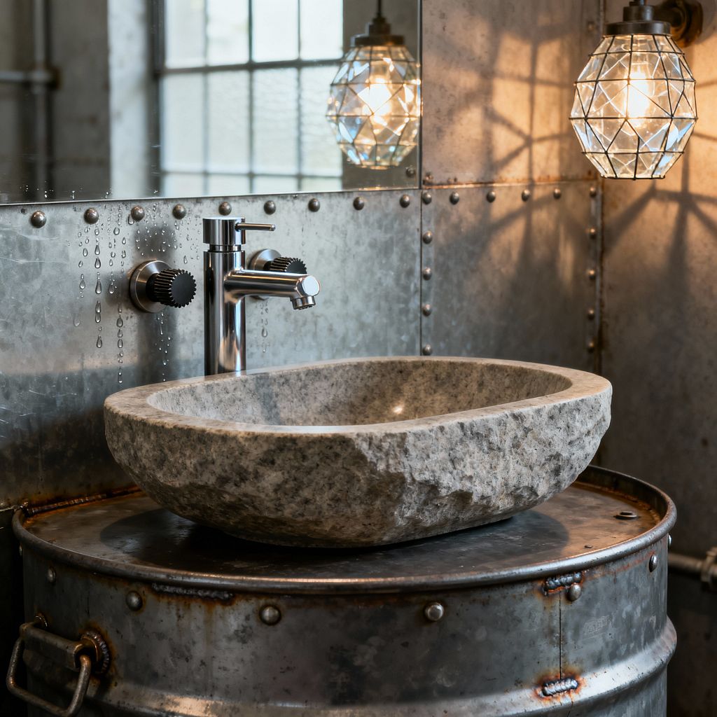 Close-up of an industrial bathroom vanity featuring a rough granite vessel sink set on a repurposed metal drum, with a polished chrome faucet and black knurled wall valves before a riveted galvanized panel and mirror beaded with water droplets. A faceted glass wall sconce emits a warm glow that casts geometric shadows across the cool gray metal, while a gridded factory-style window reflects in the mirror.