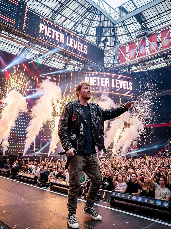 A performer engages with a lively crowd during a concert, surrounded by vibrant stage effects.