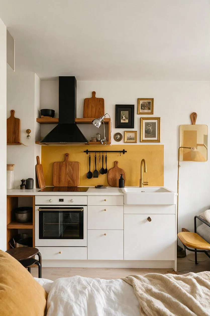 A compact eclectic kitchen with white cabinetry, a black range hood, brass faucet, and a mustard-yellow backsplash panel. Wooden cutting boards, framed artwork, and hanging black utensils add a collected, layered feel.
