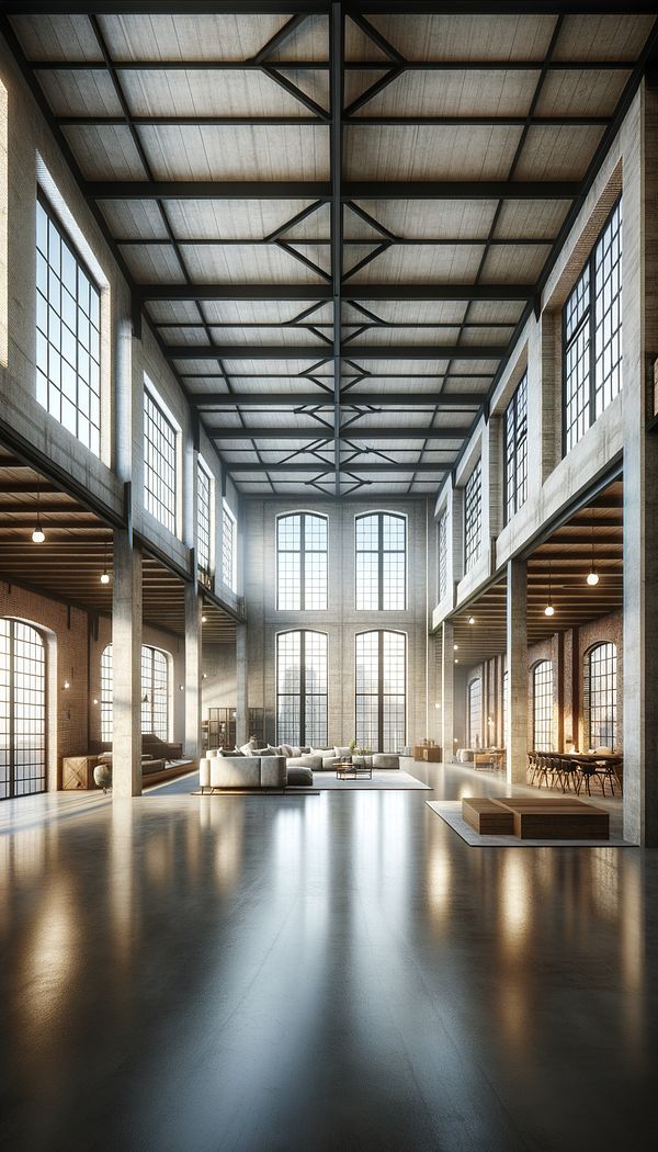 An expansive loft living space with high ceilings, large windows allowing plenty of natural light, and a mix of modern and industrial design elements such as exposed brick walls and concrete floors.