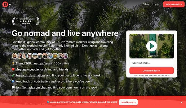 The image displays a promotional webpage for a community of remote workers, emphasizing a nomadic lifestyle.
