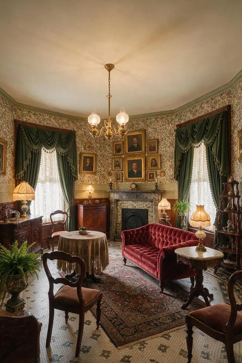 A Victorian-style basement sitting room with floral wallpaper, a central fireplace, and tall windows dressed in dark green drapes over lace sheers. The room includes a burgundy velvet settee, antique wood furniture, framed portraits, a brass chandelier, and patterned rugs over a tiled floor.