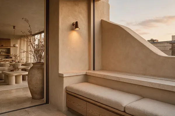 A warm organic modern patio with a curved stucco parapet, built-in cushioned bench, and pale stone ledge. Soft beige tones, a wall sconce, and a large textured vase with branches create a calm, natural atmosphere, while glass doors reveal a cozy interior with rounded tables and sculptural seating.