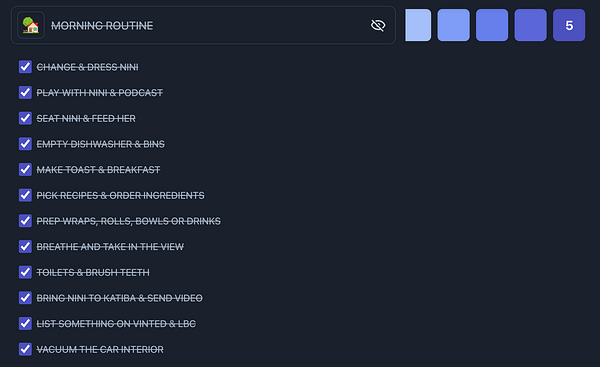 A digital checklist for a morning routine with various tasks.
