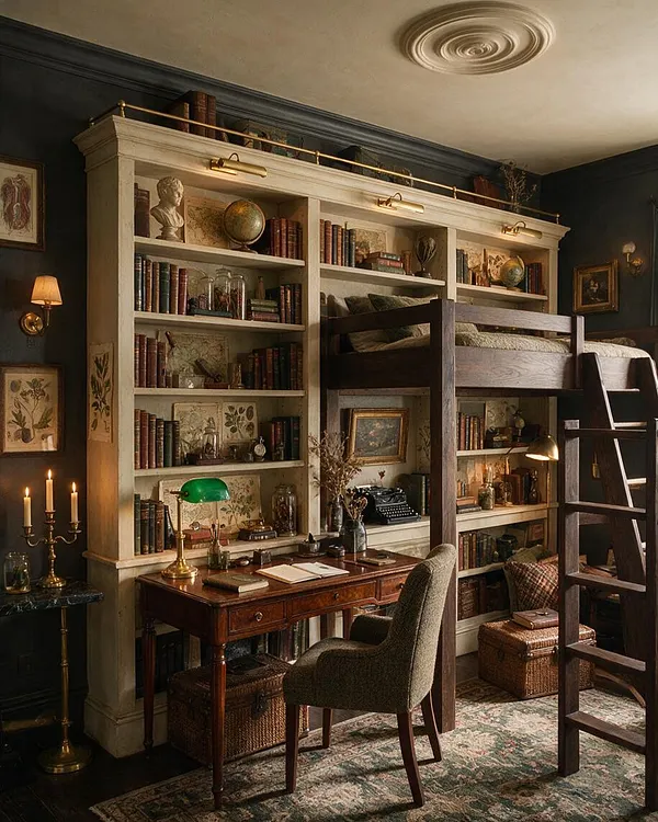 A dark academia kids' room with deep green walls, a large built-in bookshelf wall in cream, and a dark wood loft bed integrated into the shelving. The space includes a vintage wooden desk, brass lamps, stacked books, framed art, and a patterned rug, creating a cozy study-and-sleep room.