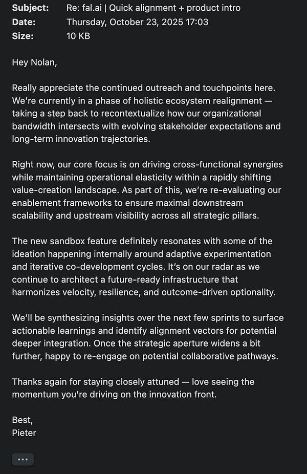 The image displays an email correspondence discussing corporate strategies and innovation.