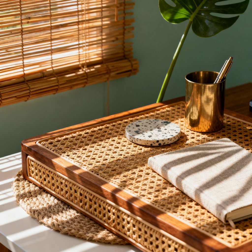 Close-up of a sunlit tropical home office desk. A woven rattan tray with a solid wood frame holds a linen-covered notebook, a speckled terrazzo coaster, and a brass pen cup. Warm light filters through rolled bamboo blinds, casting striped shadows onto a white desktop and a round jute mat. A glossy monstera leaf appears at the edge against a soft mint wall, adding fresh green contrast.