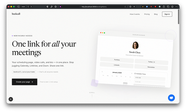 A minimalistic landing page design with the title 'Trying New CI + new landing page', a subtitle about company registration wait, a 'Book Call' button, and two illustrated scenes showing a person at a desk and a blank image placeholder, all styled in a clean white and blue color scheme.