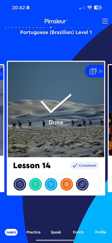 The image displays a completed lesson from the Pimsleur Portuguese language learning app.