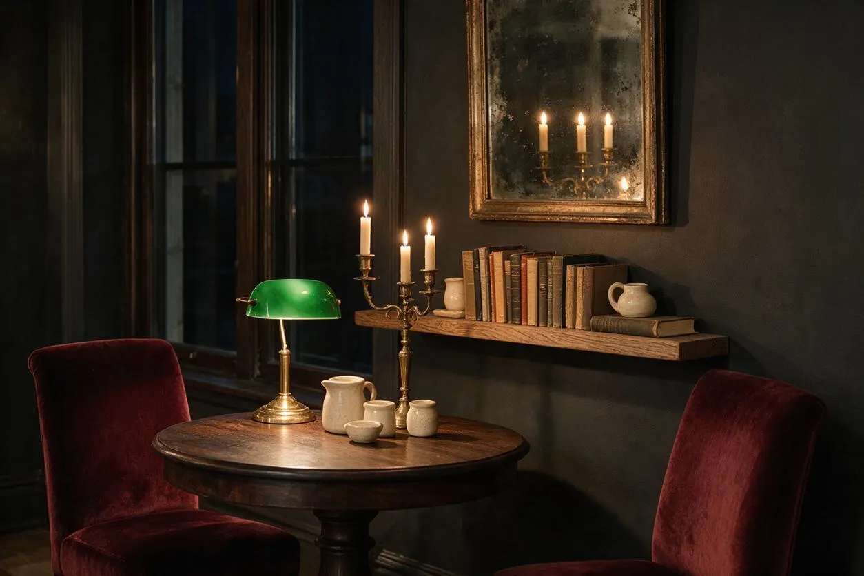 A moody dining nook with a round dark wood table, burgundy velvet chairs, and a green banker’s lamp. A brass candelabra, stacked vintage books, small ceramic pitchers, and a framed mirror hang against deep charcoal walls, creating a warm, scholarly atmosphere.